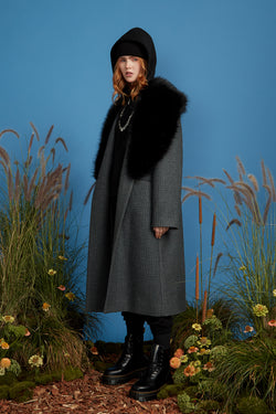 Plaid Grandpa Coat with Attached Hoodie - Grey Blue Green