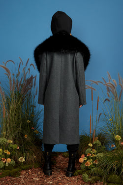 Plaid Grandpa Coat with Attached Hoodie - Grey Blue Green