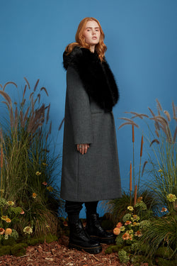 Plaid Grandpa Coat with Attached Hoodie - Grey Blue Green