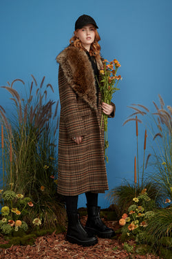 Plaid Grandpa Coat with Attached Hoodie - Camel Black