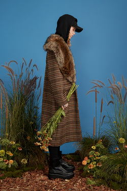 Plaid Grandpa Coat with Attached Hoodie - Camel Black