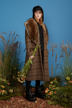 Plaid Grandpa Coat with Attached Hoodie - Camel Black